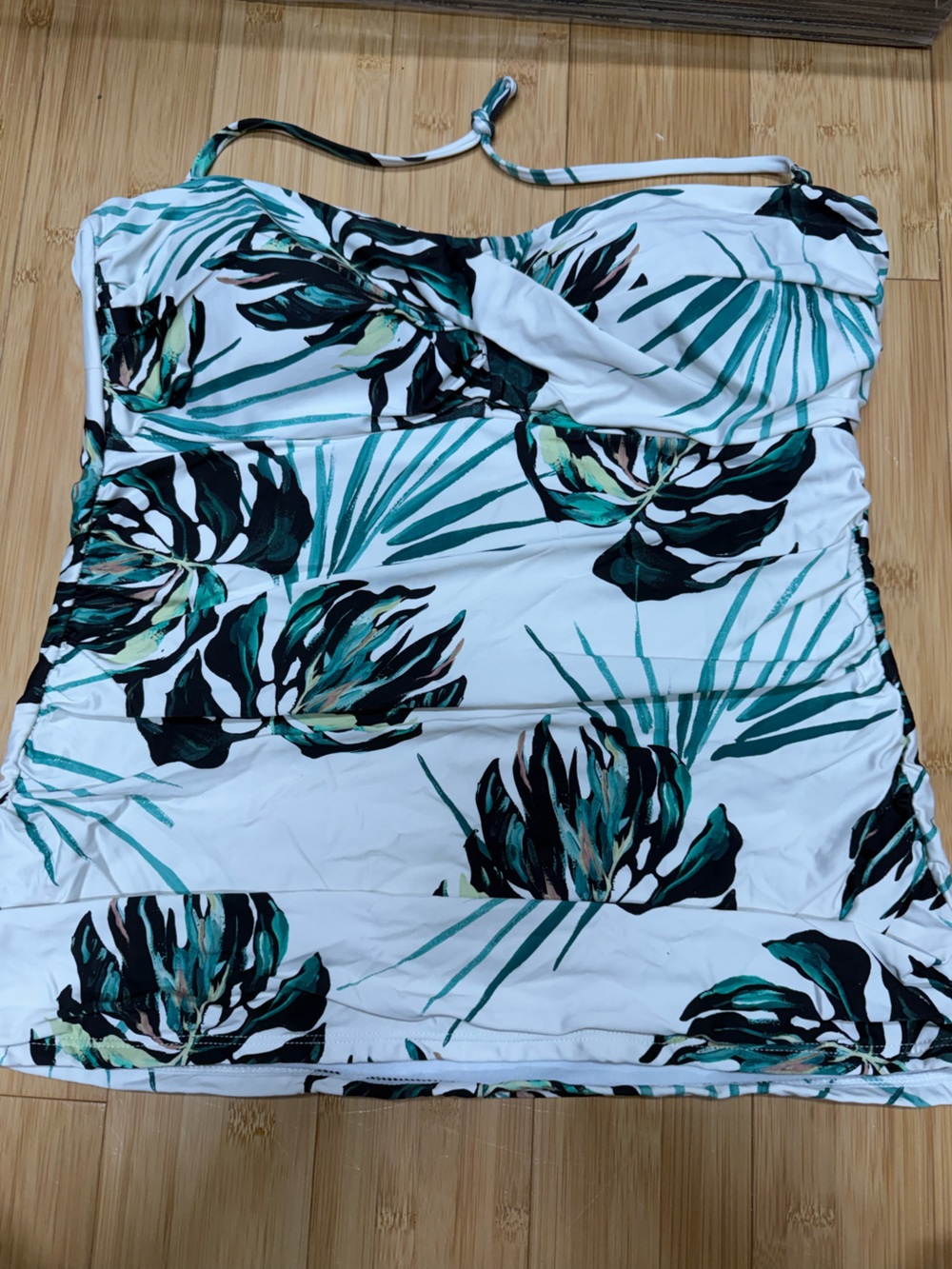 Tropical Leaf Print Strapless Tankini Swim Top - White & Teal
